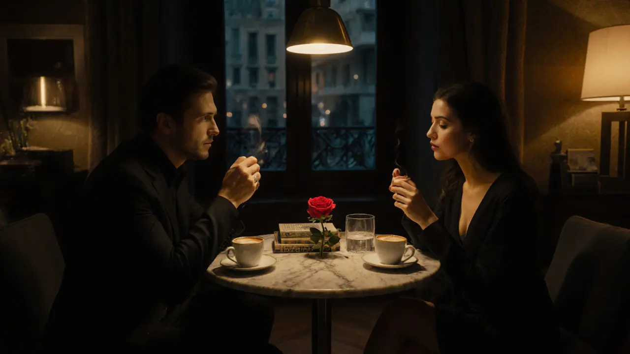 Client and escort having quiet conversation over espresso in a modern Milan apartment.