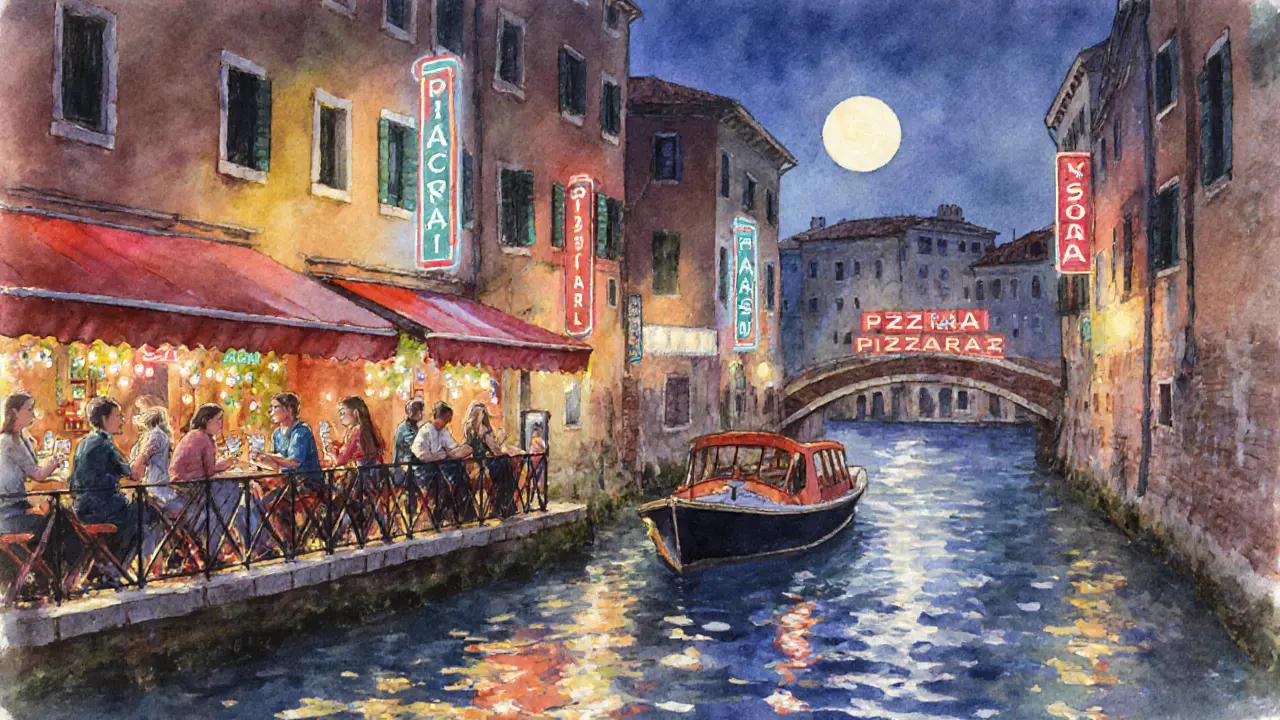 Colorful open-air bars along Navigli canals at night, with people enjoying drinks and boats floating under glowing signs.