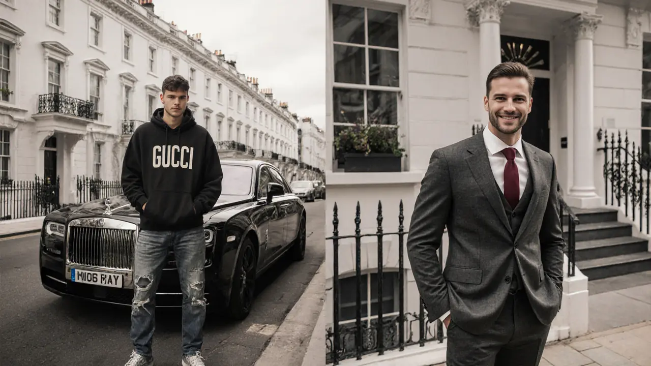 Contrast between a poorly dressed man in a hoodie and a well-dressed man in a suit, both in the same upscale London setting.