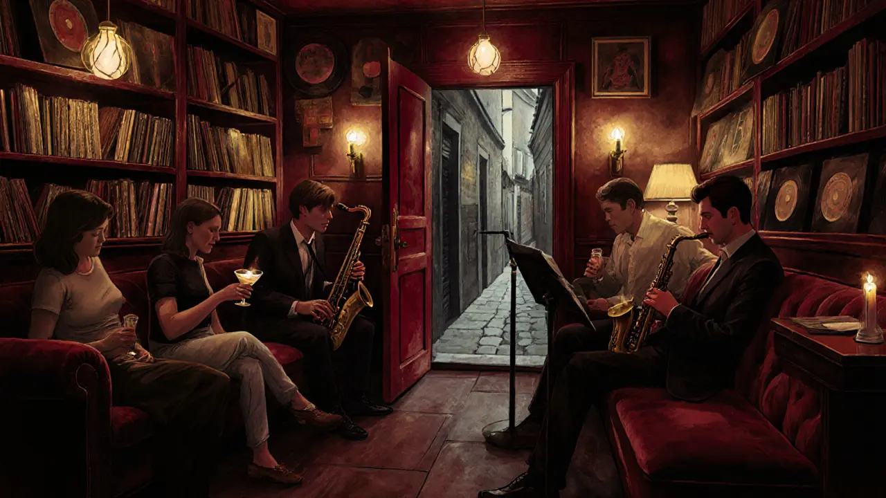 Cozy underground jazz bar with candlelight, velvet furniture, and a saxophonist playing.