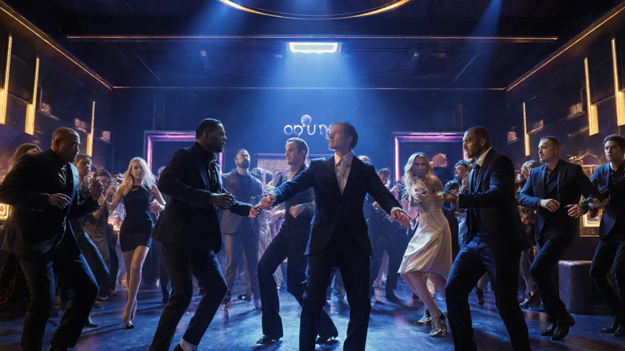 Crowd dancing in Opium nightclub under shifting blue and gold lights, dressed in sophisticated evening wear.