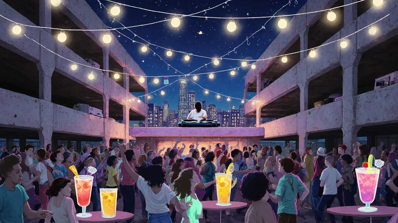 Crowd dancing under string lights at Peckham Levels, with London skyline visible in the background.