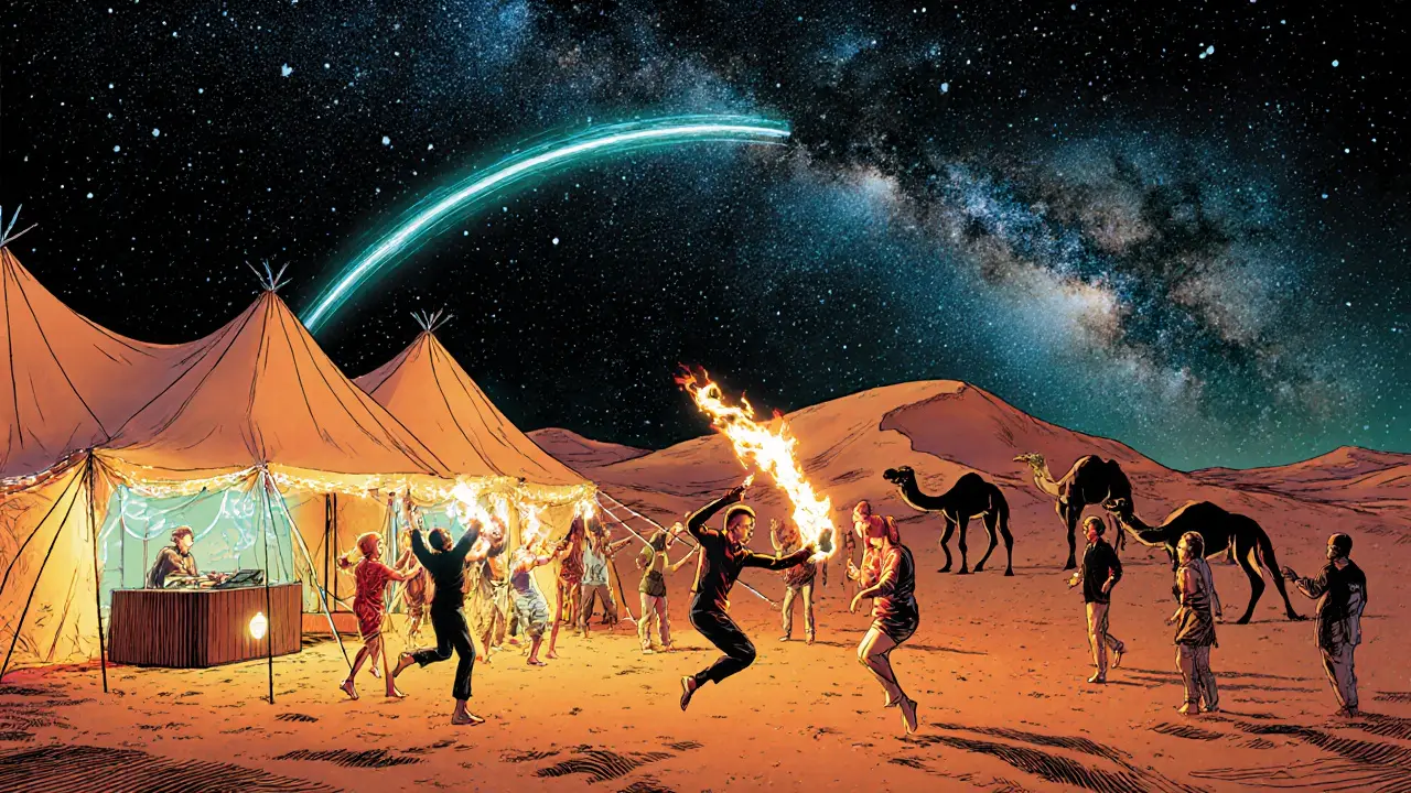 Desert party under stars with LED tents, fire dancers, and dancing guests.