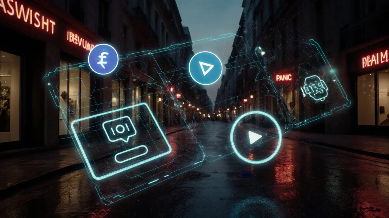 Digital safety icons glowing subtly on a wet Milan street at dusk with luxury storefronts.