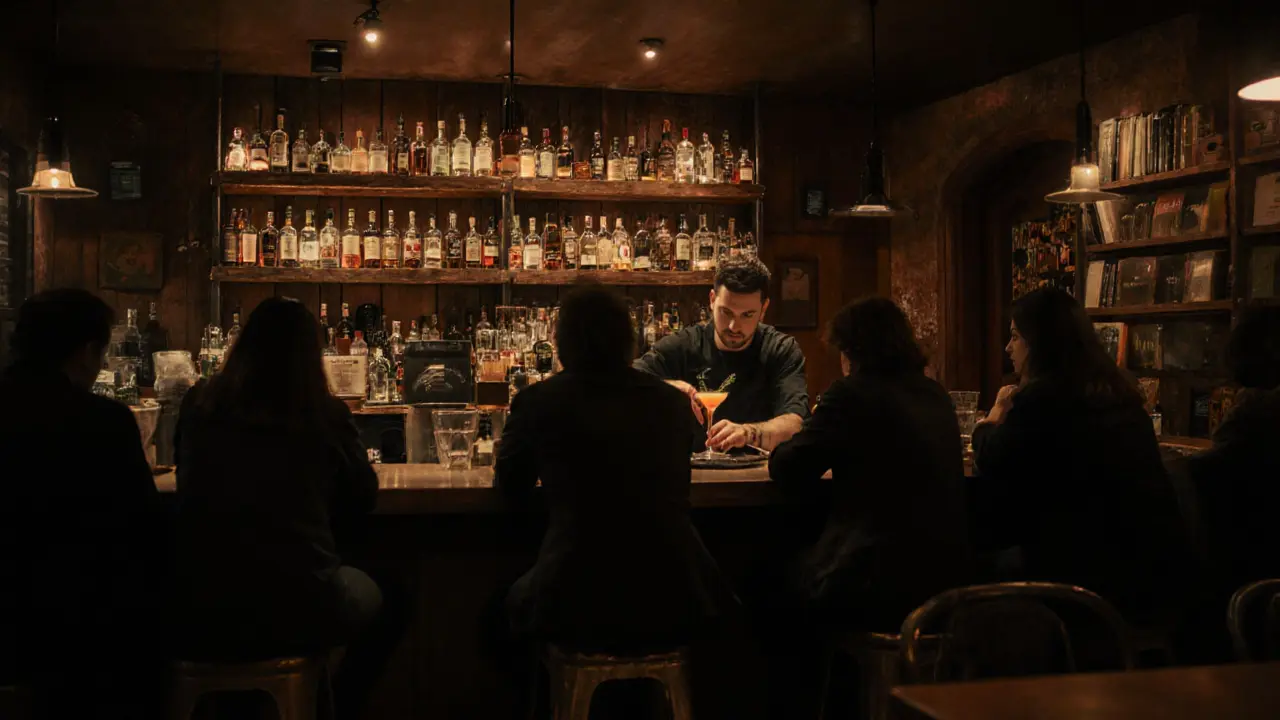 Dimly lit Bar 66 with a bartender mixing cocktails, patrons in quiet conversation among bookshelves and vintage decor.
