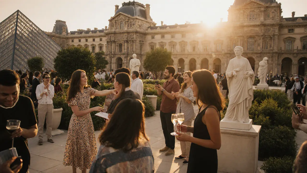 Diverse expats socialize warmly at Louvre Abu Dhabi&#039;s garden terrace during golden hour, enjoying art and conversation.