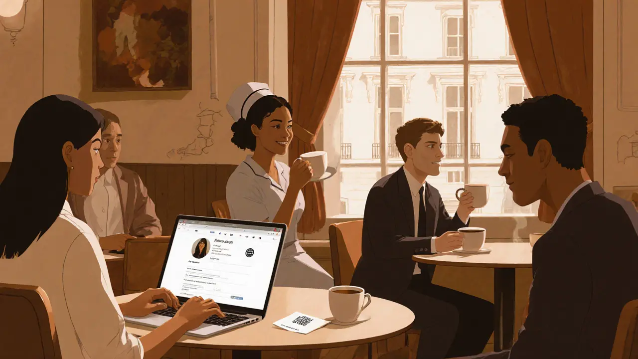 Diverse individuals in a London café, including an escort and client, sharing a quiet moment.