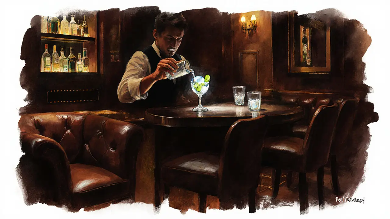 Elegant bar scene with a mixologist pouring a cucumber martini in soft, moody lighting.