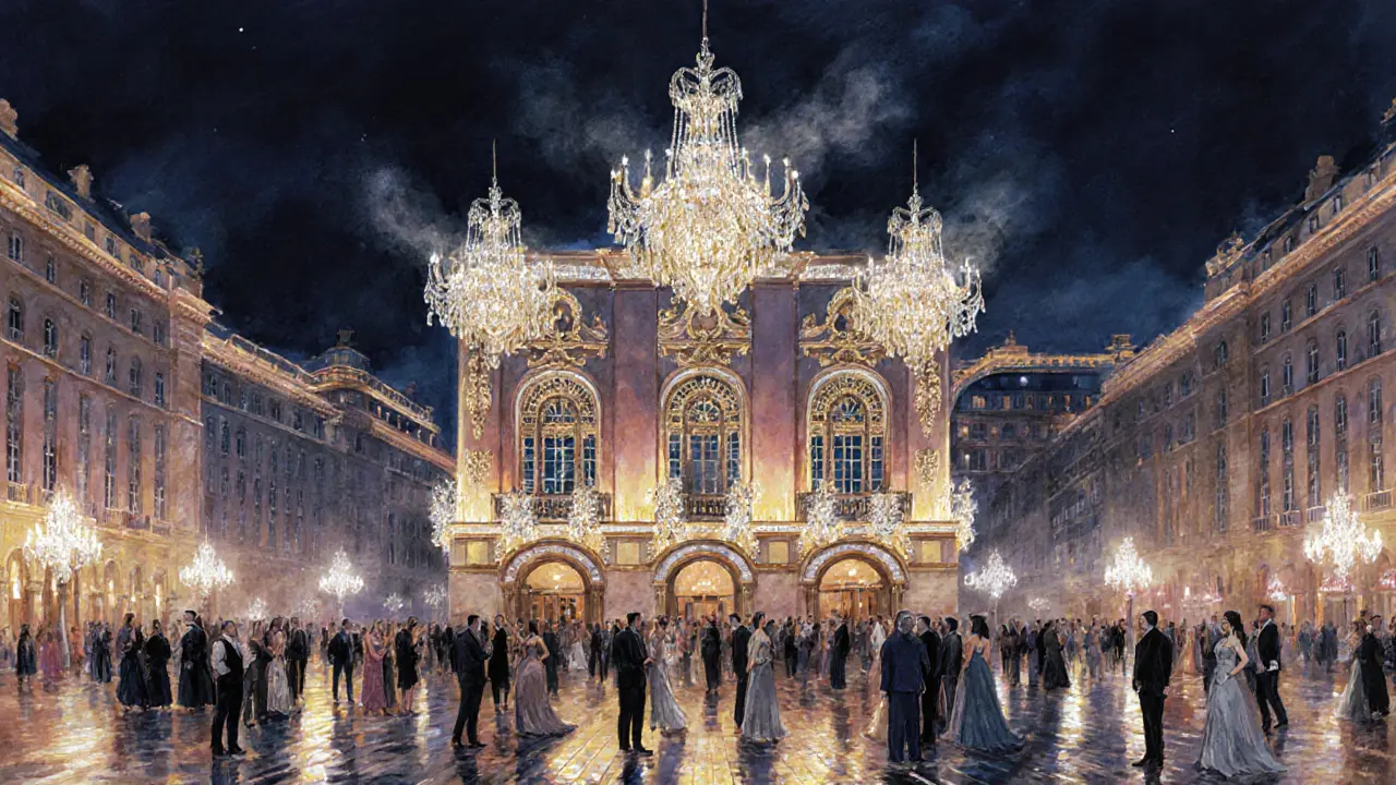 Elegant crowd gathers outside the Monte Carlo Casino under golden evening lights.