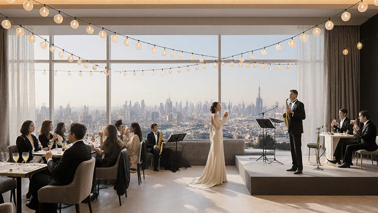 Elegant guests enjoying jazz and skyline views at Opus nightclub in Abu Dhabi, dressed in stylish evening attire.