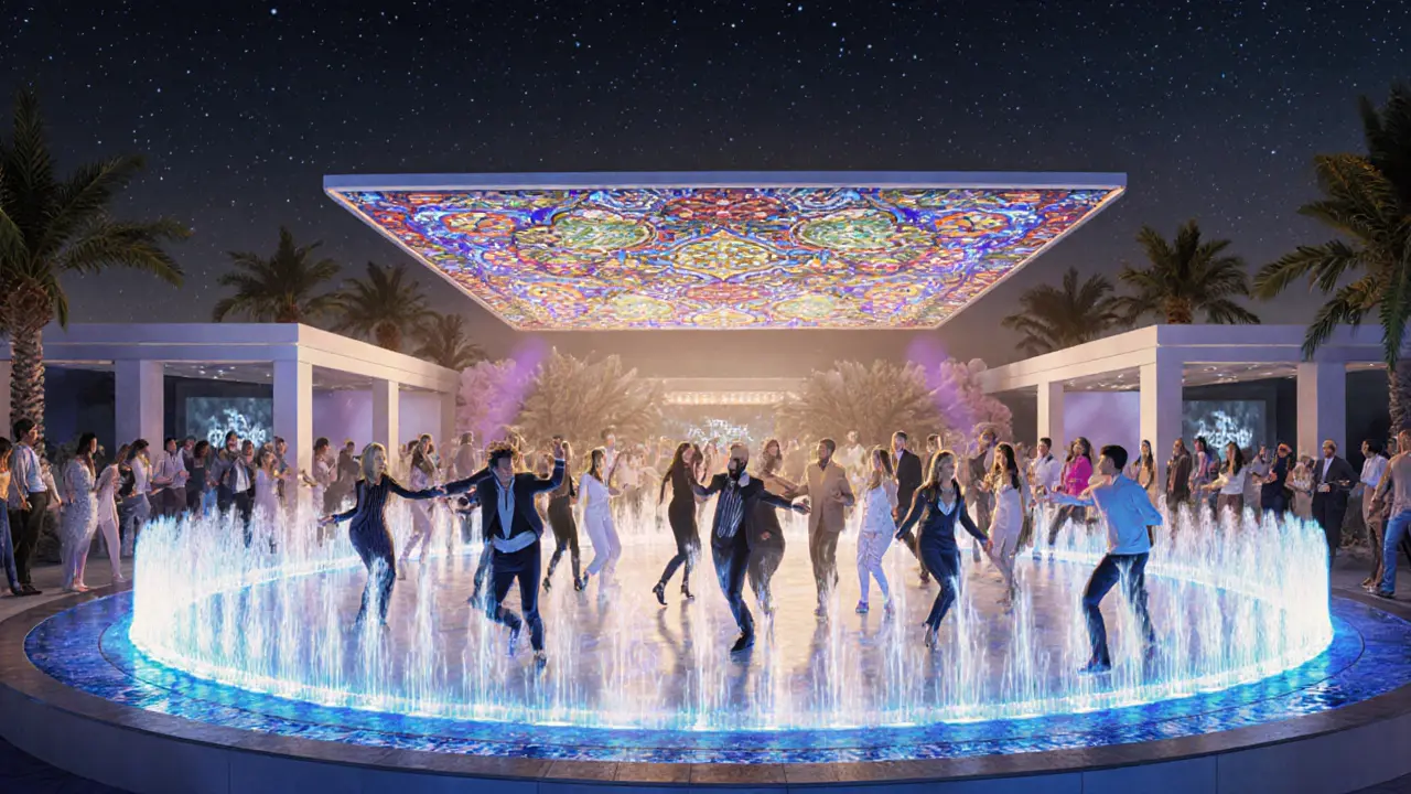 Energetic open-air club scene with LED lights above and Dubai Fountain in foreground, crowd dancing under stars.