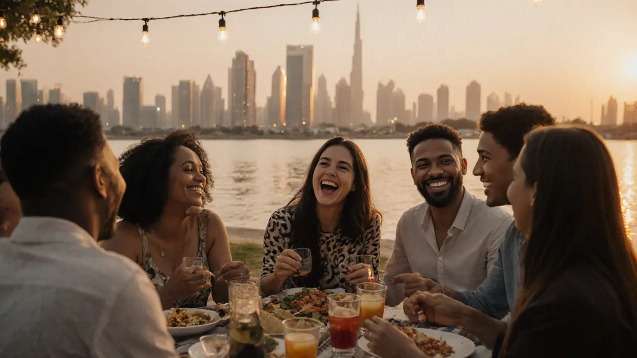 Expats enjoy a peaceful sunset picnic by Dubai Creek, laughing and sharing food in a safe, legal social setting.
