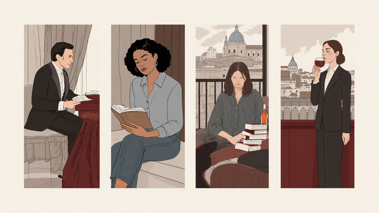 Four professional women in distinct Milanese settings: opera, apartment, balcony, and bar.