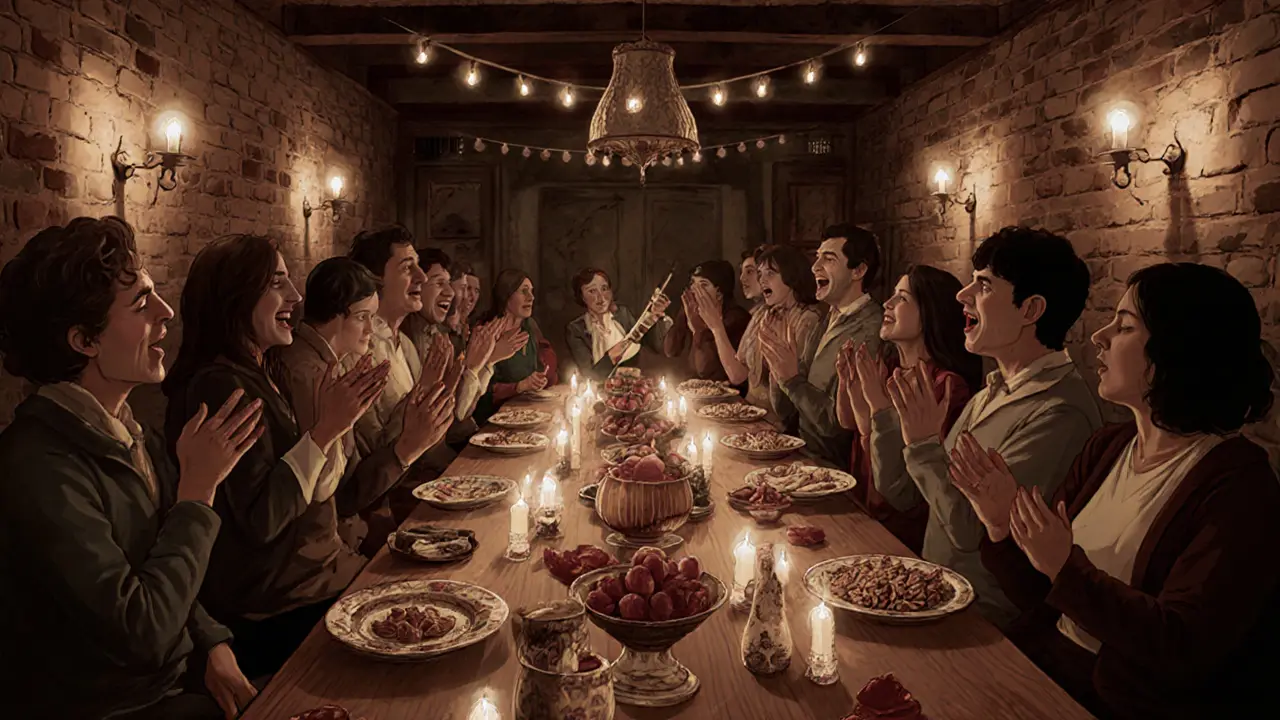 Group of people dancing in a circle at an underground gathering, playing oud and singing together by candlelight.