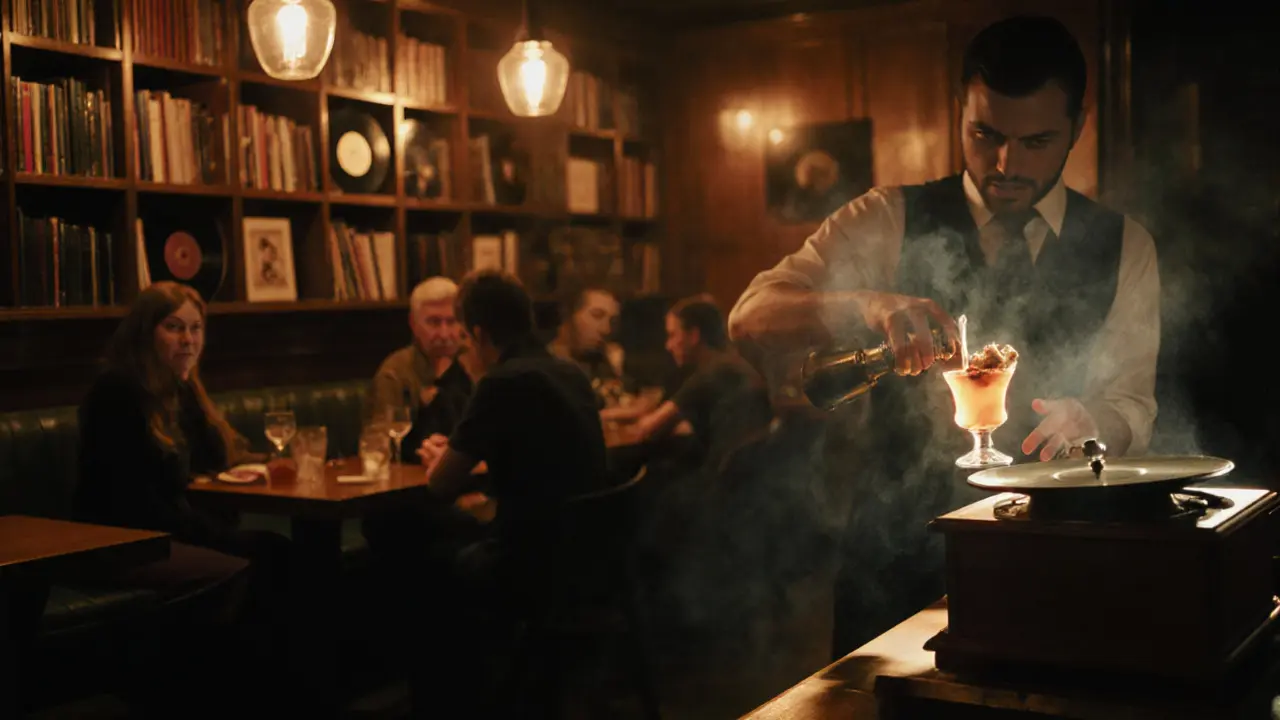 Hidden bar with warm lighting, patrons sipping cocktails among jazz records and wooden furniture.