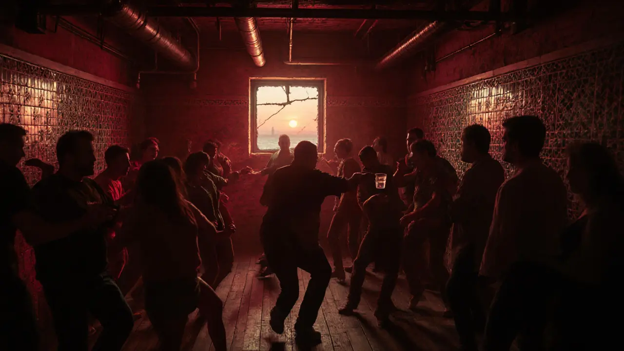 Hidden basement bar Bar 1919 with red lighting, locals dancing, and a bartender serving rakı.