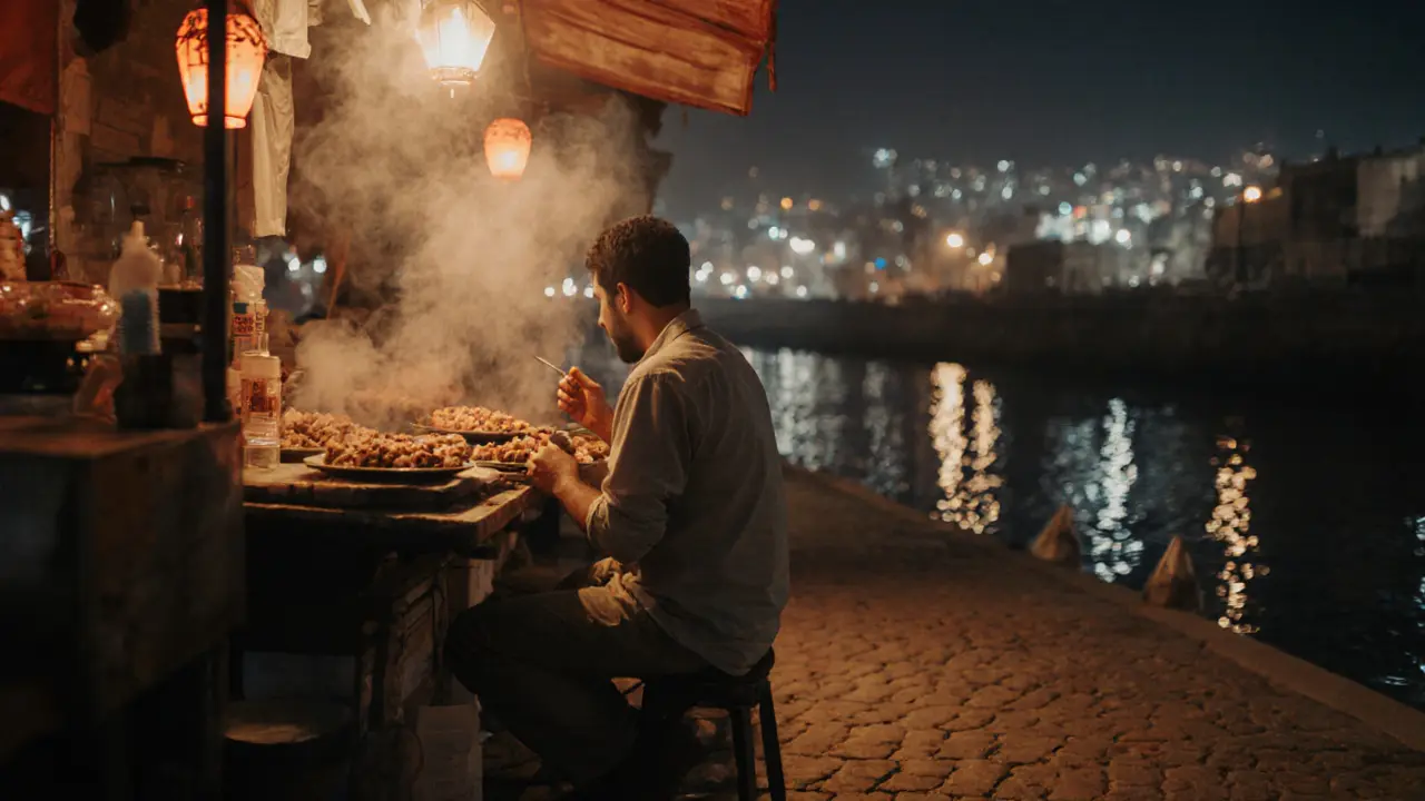 Late-night food stall in Al Seef serving steaming Middle Eastern dishes.