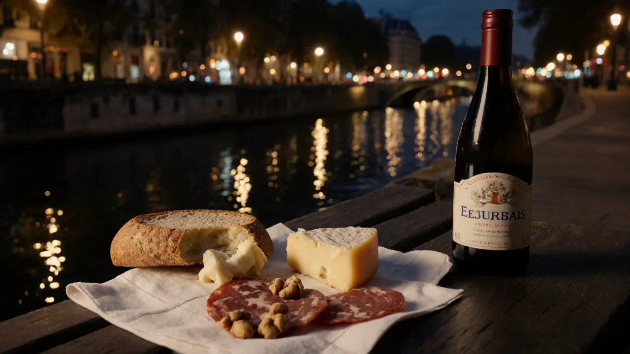 Midnight picnic of artisanal cheese, charcuterie, and wine by a quiet canal in Paris.