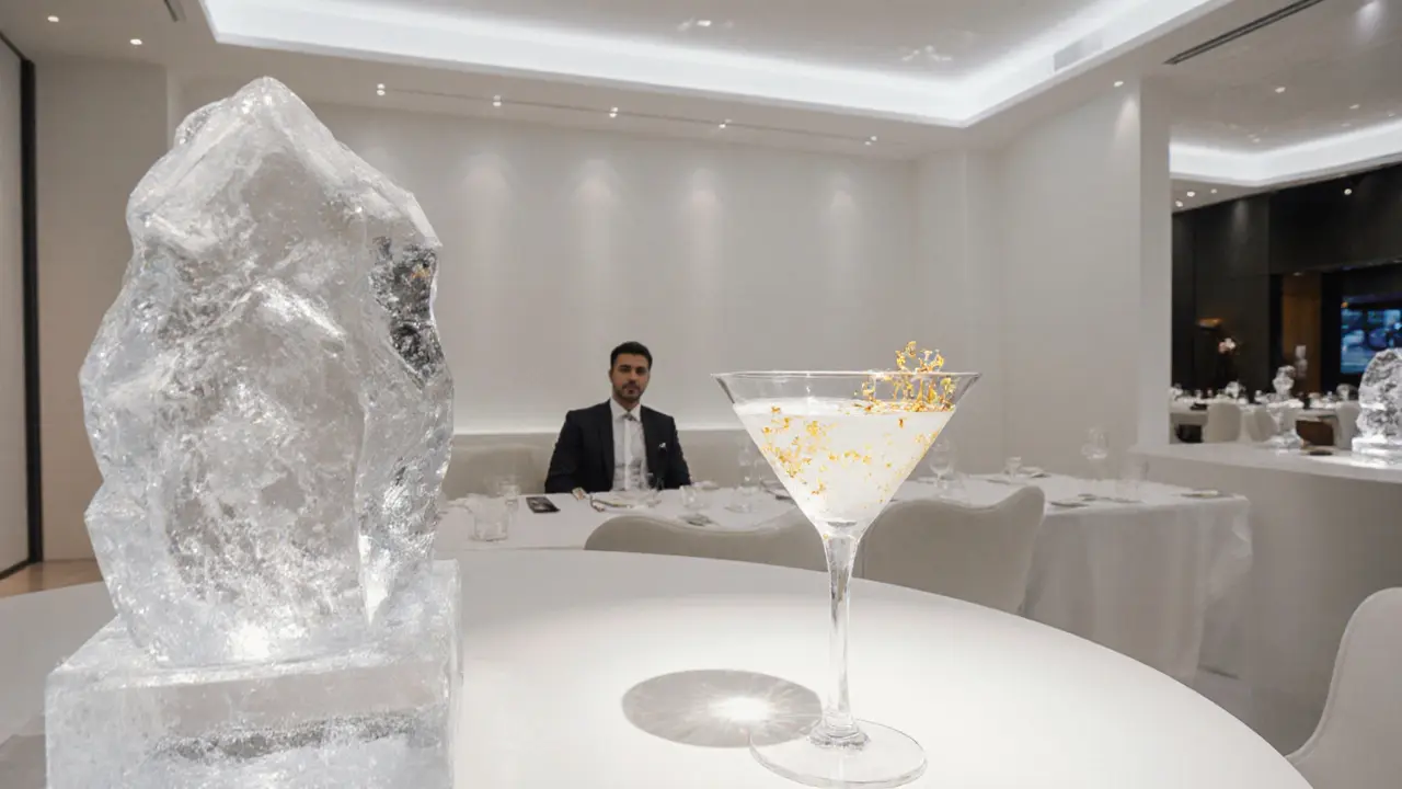 Minimalist white lounge with a golden cocktail in crystal glass, exuding quiet exclusivity.