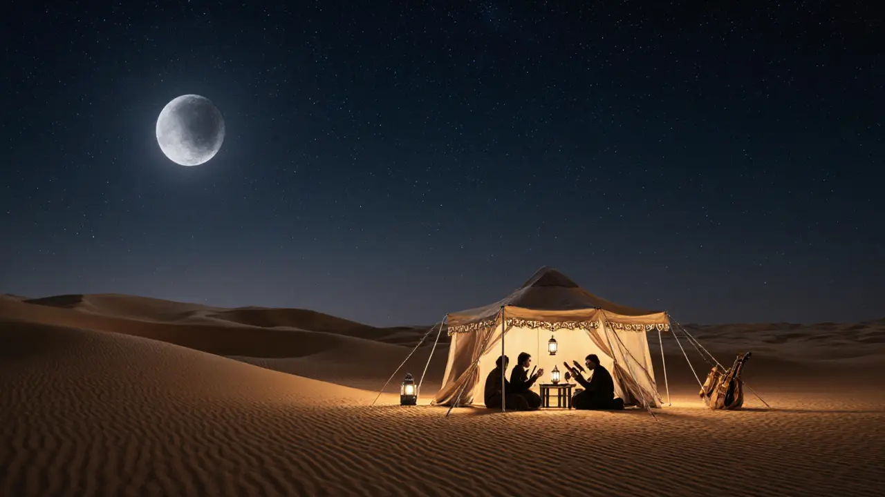 Peaceful desert safari at night under stars, lantern-lit tent among golden dunes with Arabic music.