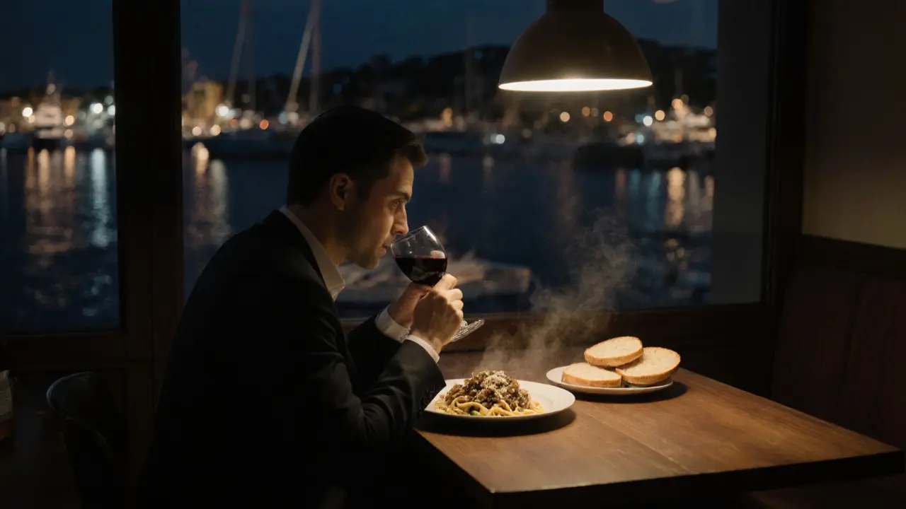 Quiet bistro scene at 4 a.m. with a lone diner enjoying pasta by the window, yachts softly lit on the harbor.