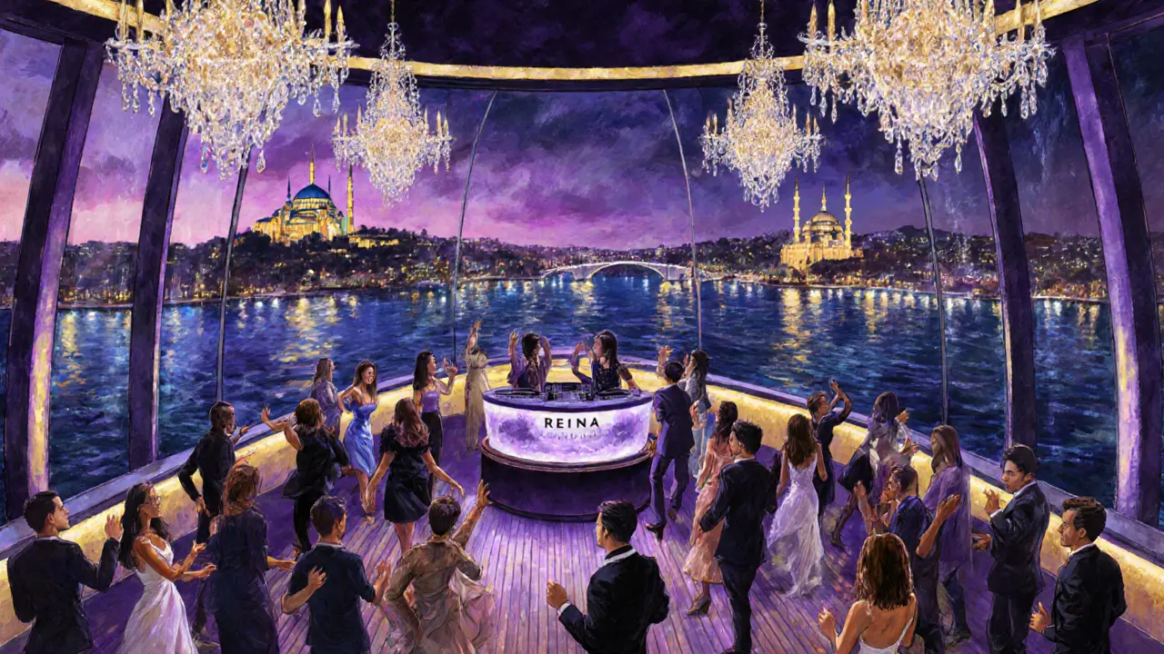 Reina nightclub floating above the Bosphorus with elegant guests and city lights reflecting on water.