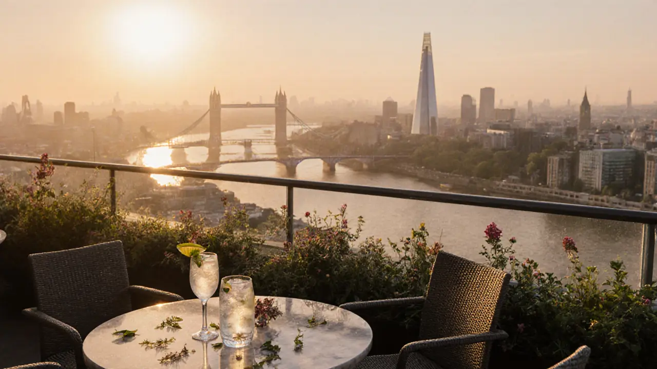 Rooftop garden at sunrise overlooking London&#039;s skyline with empty chairs and misty river.