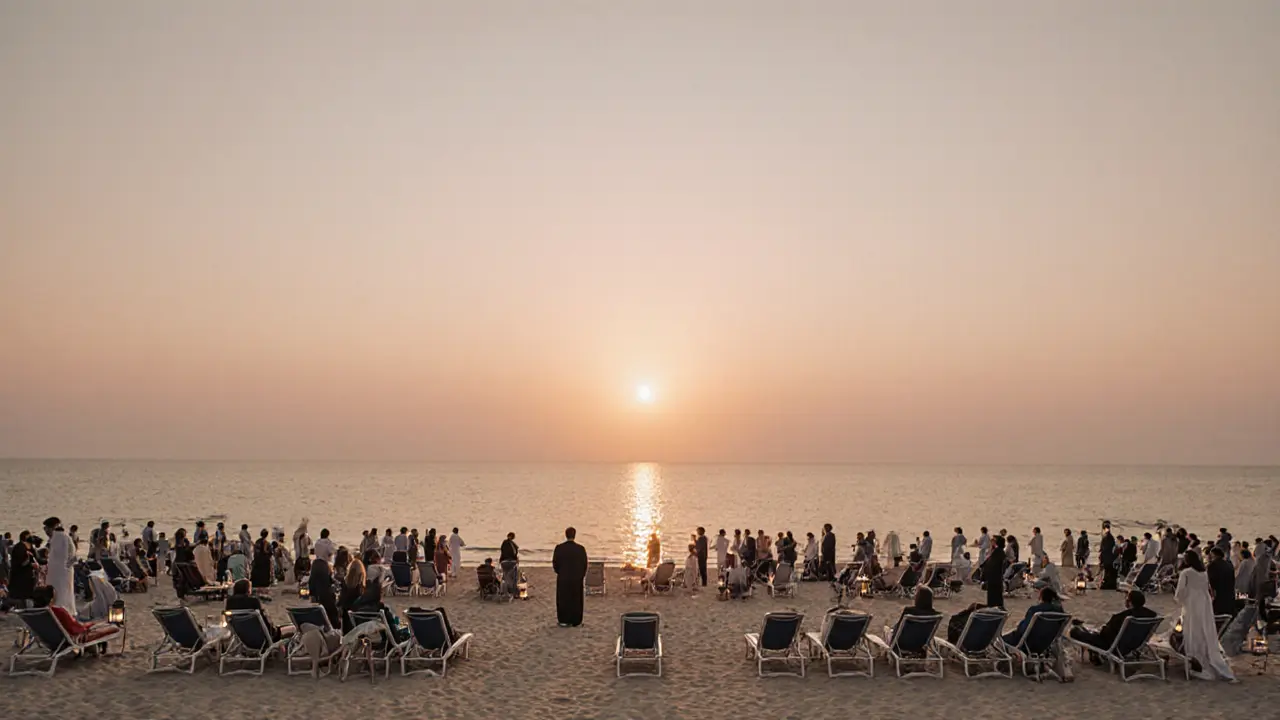 Silent crowd at Zabeel Saray Beach watching the final moments of sunset, lanterns just beginning to glow.