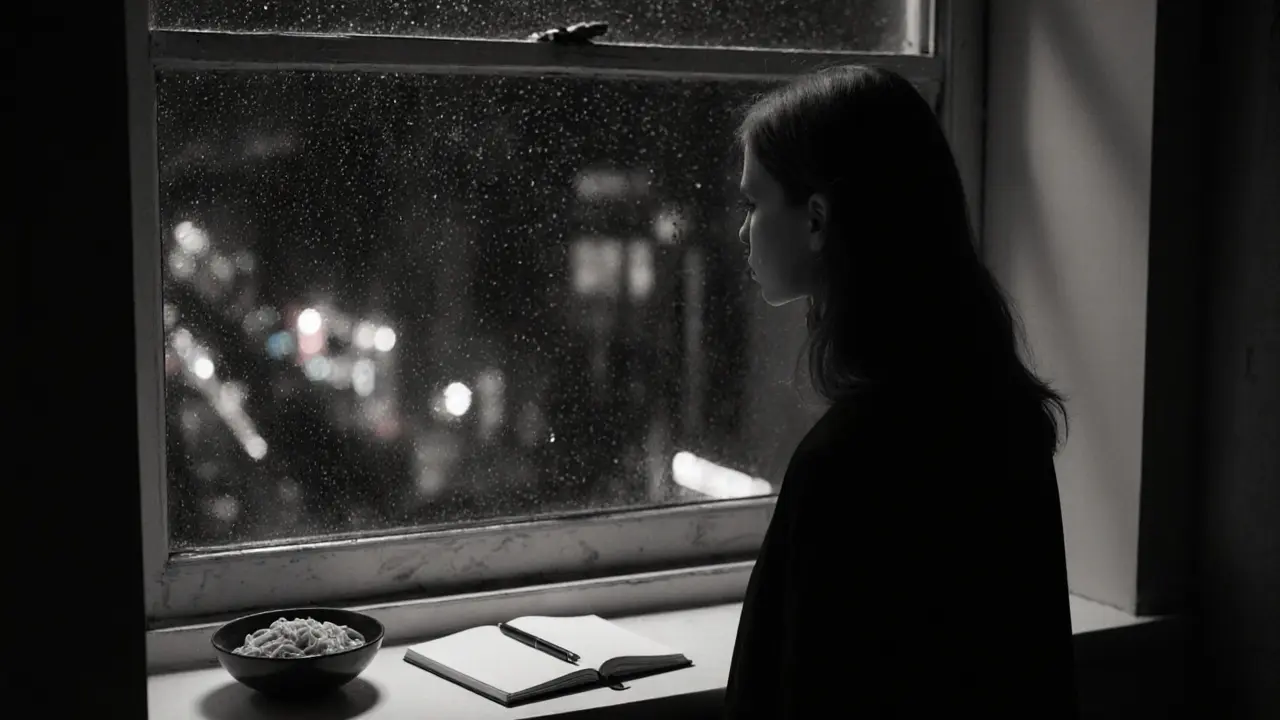 Silhouette of a woman at her window overlooking rainy London at night.