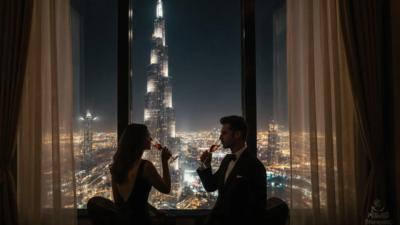 Skyview Bar at night with Burj Khalifa visible through floor-to-ceiling windows, guests in silence.