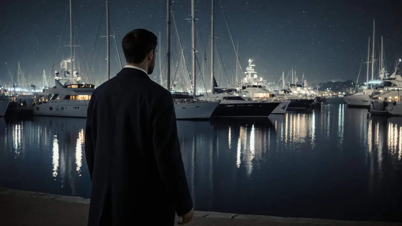 Solitary figure walks peacefully along Port Hercules at dawn, yachts lit up on calm water.