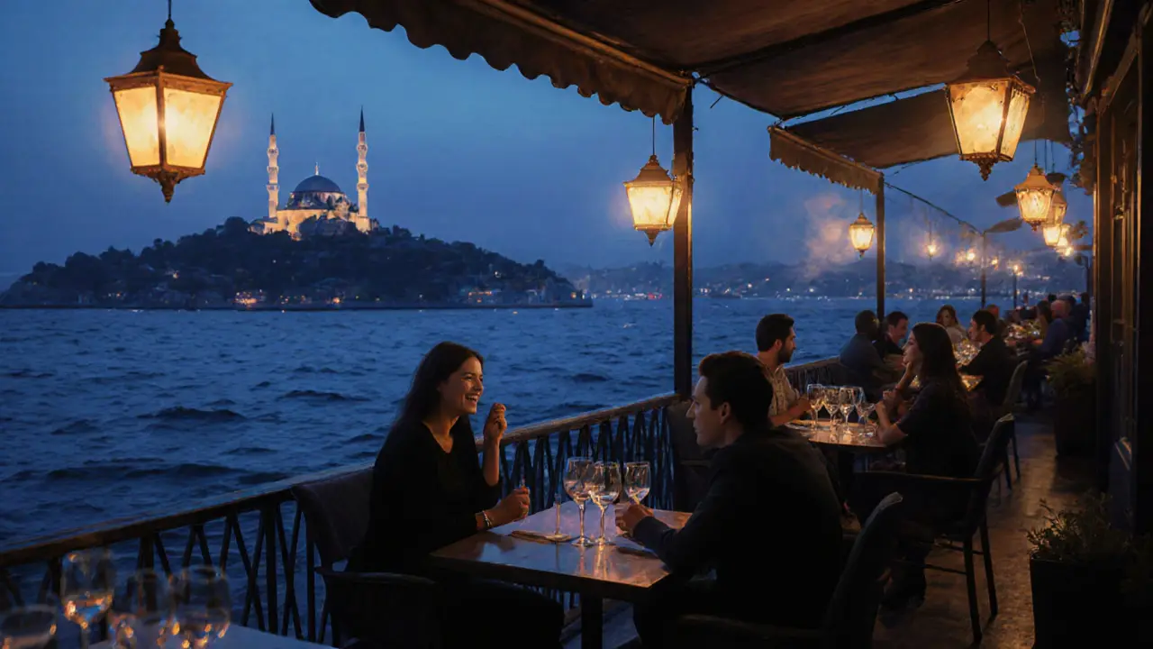Tranquil Moda Bar terrace at night with lanterns, wine glasses, and quiet figures overlooking the water under a starry sky.