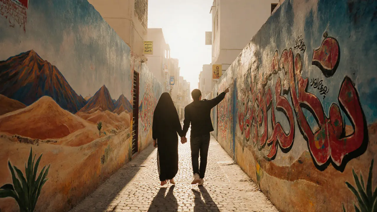 Two people exploring colorful street art in a quiet Abu Dhabi alleyway, bathed in soft evening light.