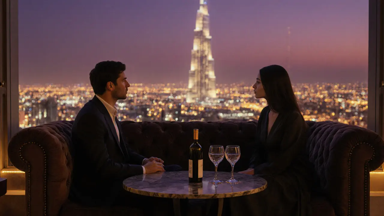 Two people on a rooftop lounge at sunset, silently enjoying the view of Burj Khalifa with wine glasses nearby.