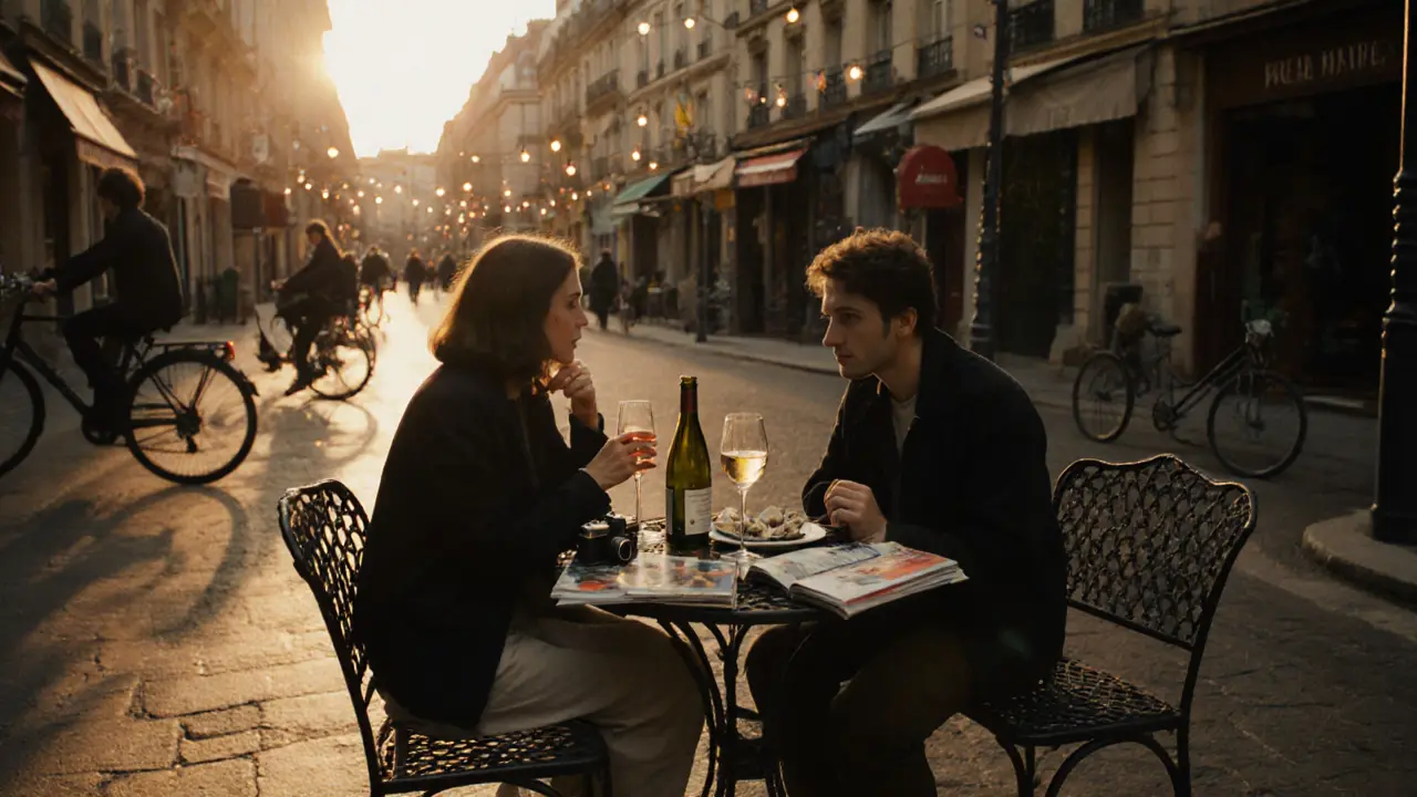 Two people share wine and oysters in a quiet Paris courtyard, immersed in thoughtful conversation.