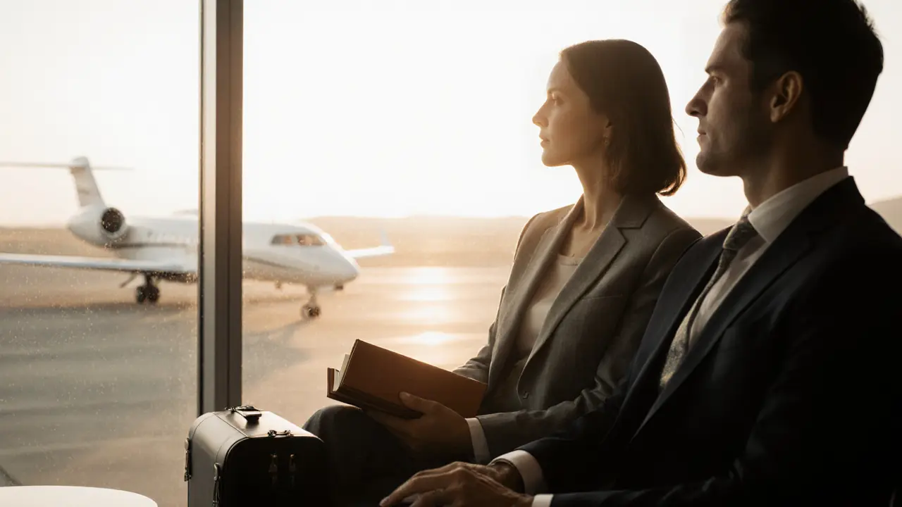 Two professionals in an airport lounge at dawn, waiting for a private jet, exuding quiet companionship.