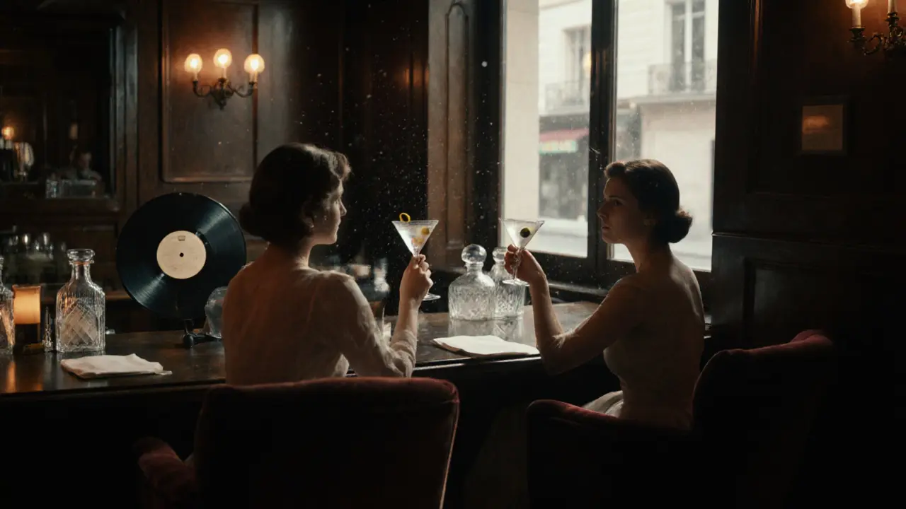 Two women in an elegant bar sipping martinis under warm amber lights with velvet chairs and wood paneling.