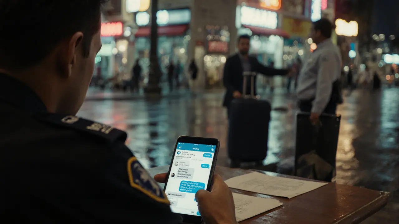 Undercover police observe a man arriving for a suspected illegal escort meeting at a Dubai café, smartphone visible on table.