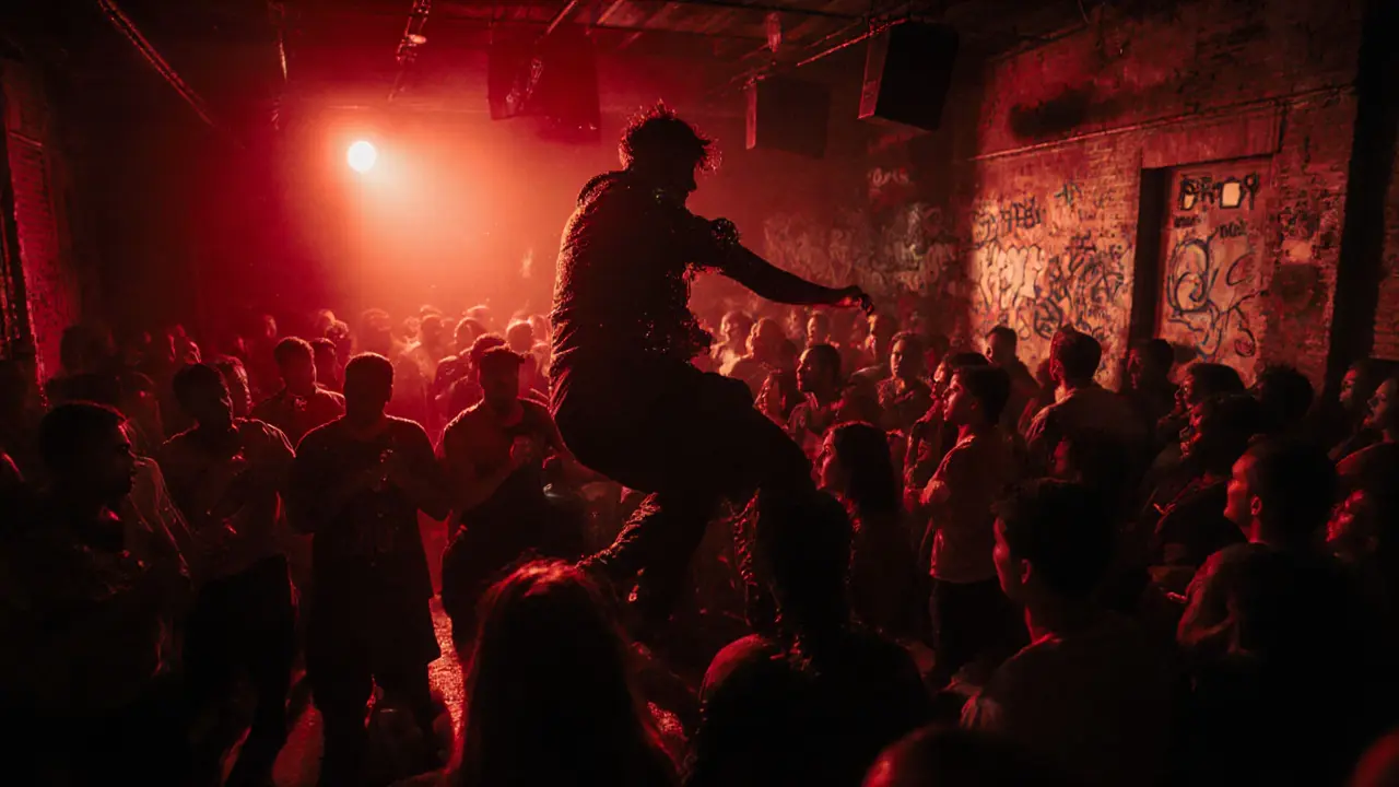 Underground techno party at Soundlab warehouse, crowd immersed in bass-heavy music under dim red lighting.