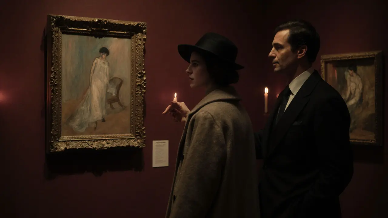 Woman in a wool coat viewing an art sketch in a quiet, candlelit gallery.