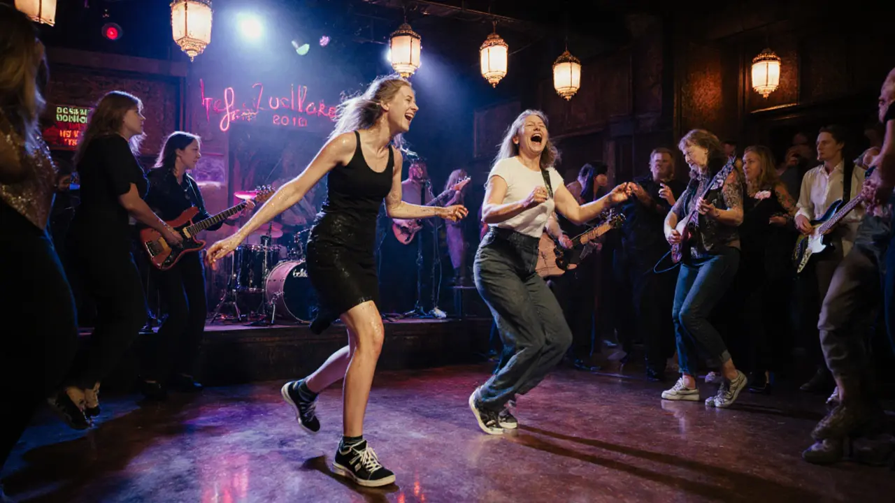 Women dancing joyfully on a crowded music hall floor under moody colored lights and live band glow.