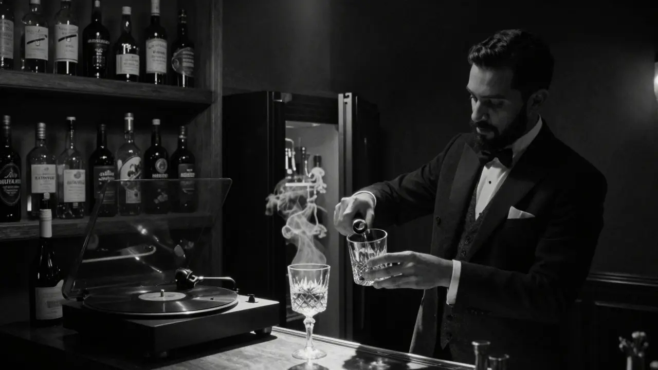 A bartender pouring a unique cocktail in a hidden speakeasy with warm ambient lighting.