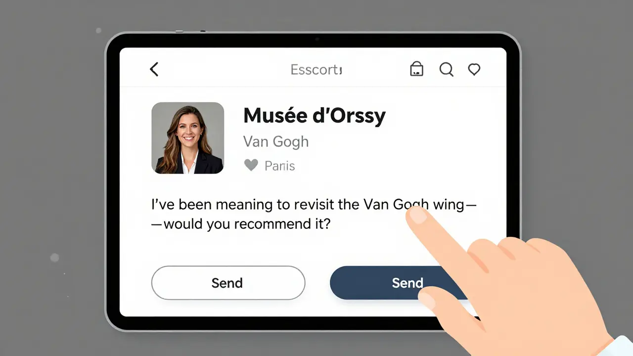 A clean digital profile on a tablet shows a Paris escort’s interests in art, with a thoughtful message being sent.