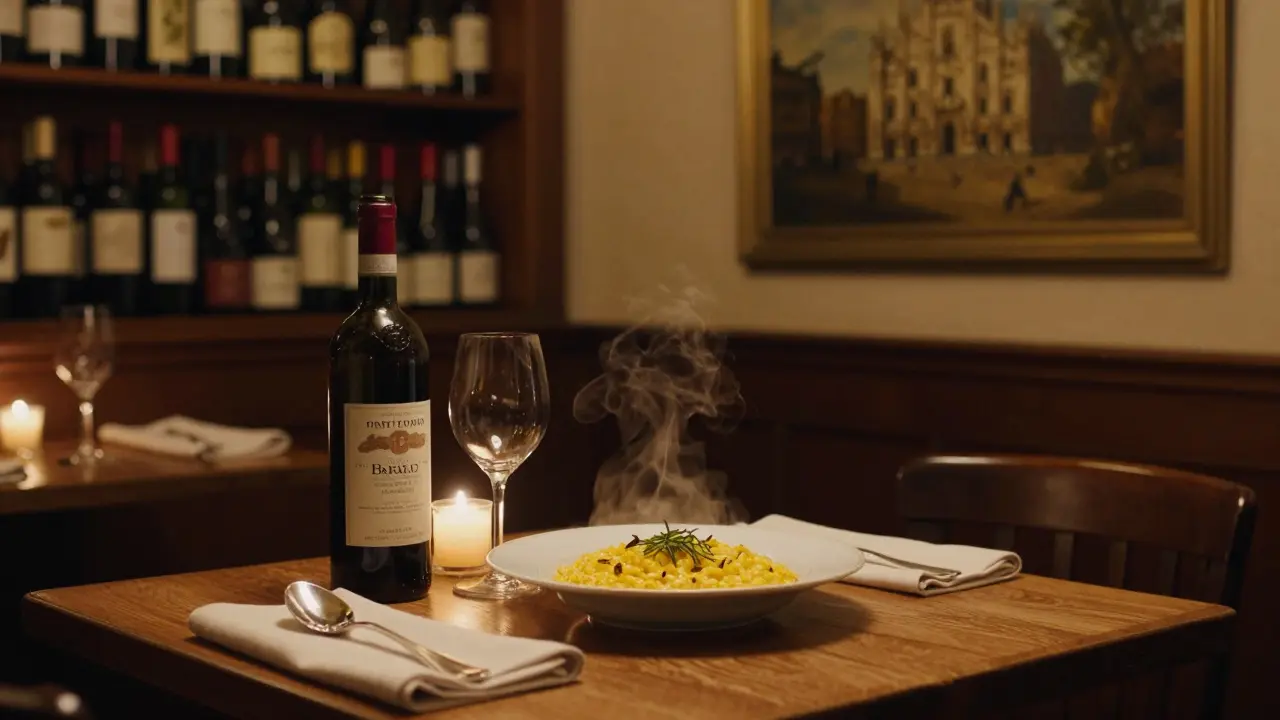 A couple dines in a cozy Milanese trattoria with golden risotto and a bottle of Barolo.