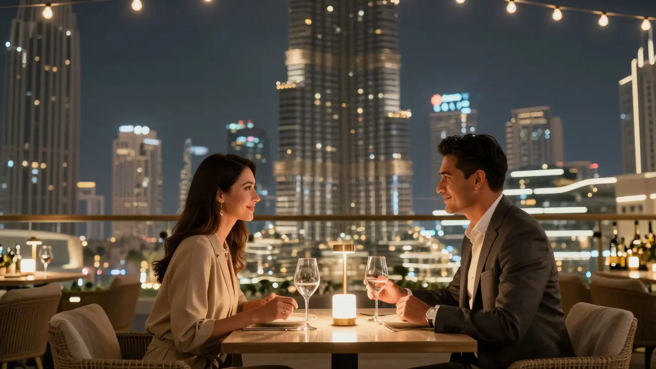 A couple enjoying a quiet dinner on a rooftop terrace with the Burj Khalifa glowing in the distance.
