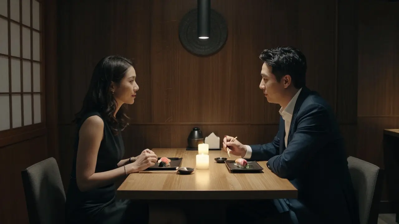 A couple enjoys dinner at Nobu London, engaged in calm conversation over candlelight.