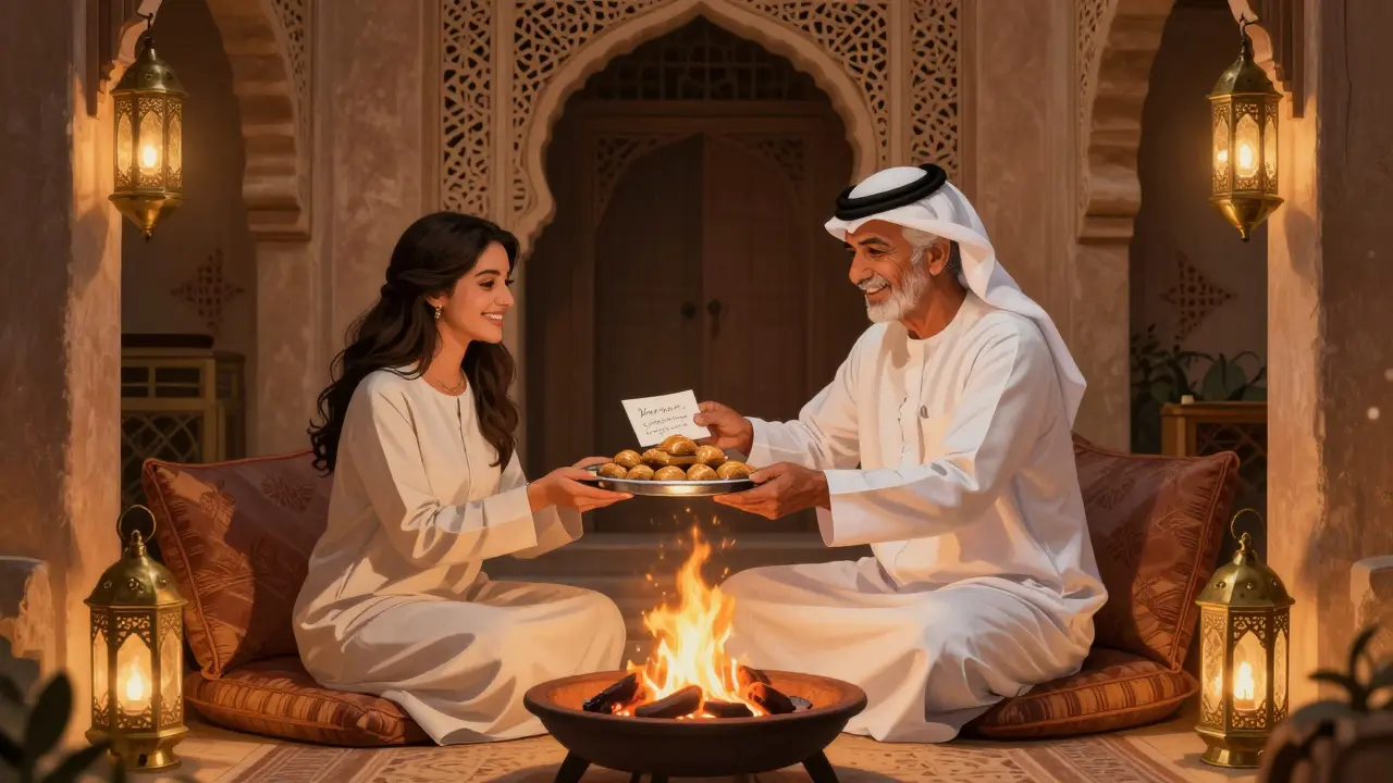 A couple receiving baklava and a handwritten note in a traditional Emirati lounge lit by lanterns.