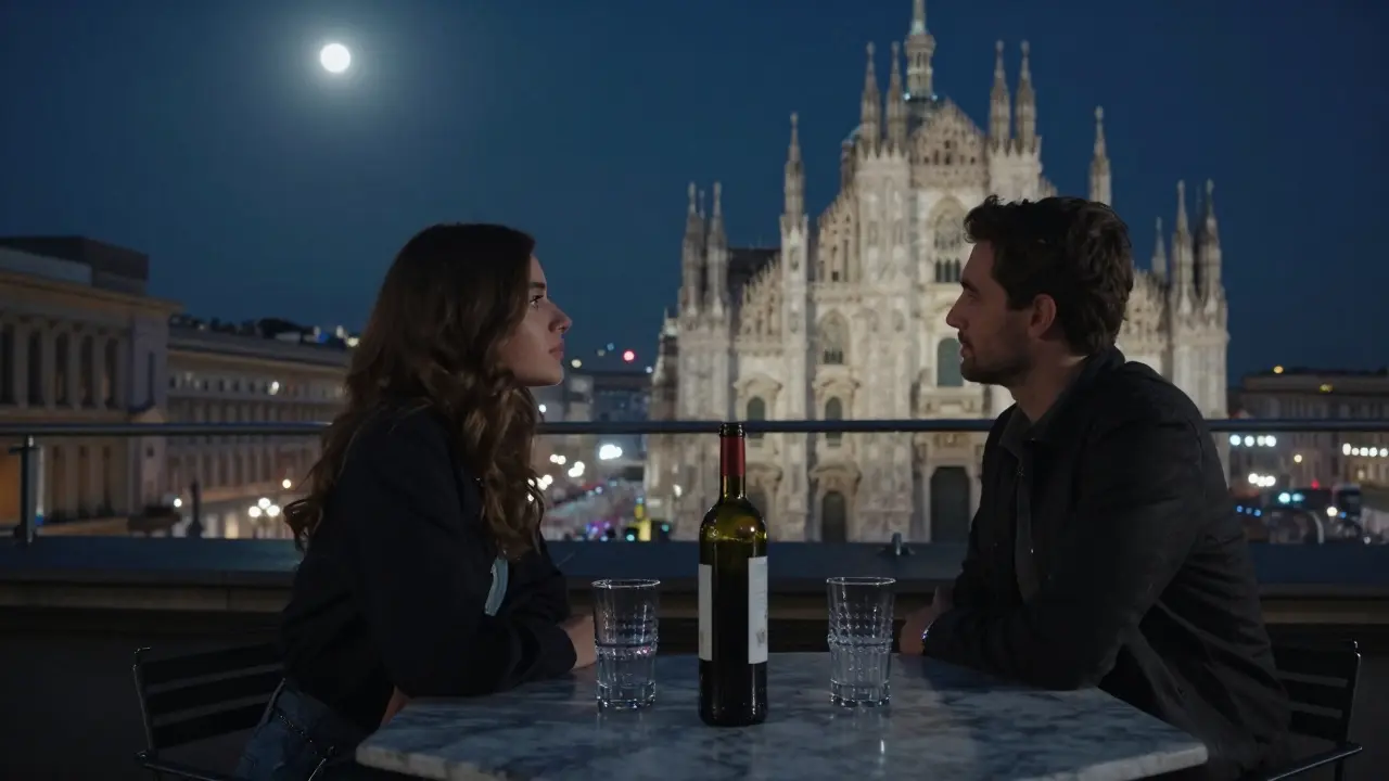 A couple sits in peaceful silence on a rooftop terrace overlooking Milan&#039;s Duomo at night.