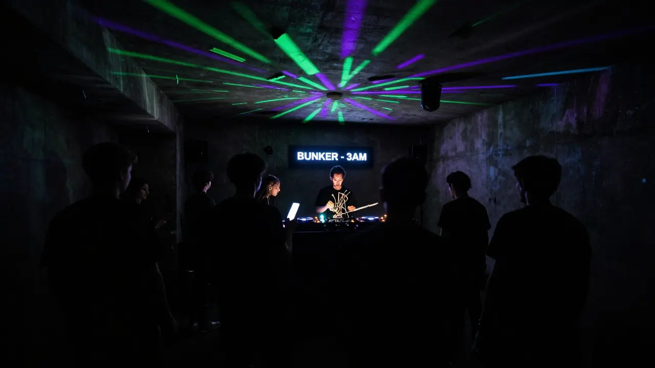 A dark underground club lit only by glow sticks, silhouettes dancing to experimental music made from scrap metal.