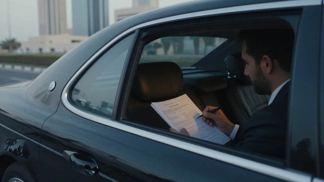 A discreet luxury car driving at dawn in Dubai, interior softly lit as a companion reviews client preferences.